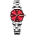 Reloj De Cuarzo Mujer Esfera Roja Correa Acero Inoxidable Fecha Moda Elegante - Correa de Plata de 9 Cuentas Esfera Roja