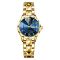 Women fashion quartz watch gold stainless steel blue dial diamond cut luxury wrist watch - Full Gold with Blue Dial