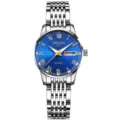 Vista detallada reloj cuarzo mujer esfera azul, números romanos y correa de acero inoxidable. - Correa Plata de 9 Cuentas - Esfera Azul Romana [Mujeres]