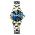 Exquisite women's quartz watch featuring a stylish diamond-cut bezel and dual calendar display. - Two Tone Gold Blue Dial with Gold Bezel