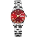 Elegante reloj de cuarzo para mujer con esfera roja, números romanos y correa de acero. - Correa Plata de 9 Cuentas - Esfera Roja Romana [Mujeres]