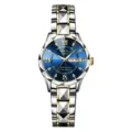 Women fashion quartz watch with diamond-cut bezel, luminous hands and dual calendar display. - Two Tone Silver Band Blue Dial with Silver Bezel