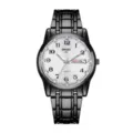Men black quartz watch with white textured dial, Arabic numerals and calendar display. - Digital Black Band Men White Face (Texture)