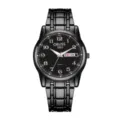 Men's black quartz watch with steel strap, calendar display, and clear numeric dial for daily. - Digital Black Band Men Black Face (Texture)