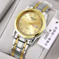 Reloj de cuarzo para hombre bicolor con esfera dorada, números romanos y calendario. - Hombres-Romano Dos Tonos Oro Esfera Dorada