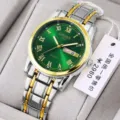 Reloj de cuarzo para hombre con esfera verde números romanos y pulsera de acero bicolor - Hombres-Romano Dos Tonos Oro Esfera Verde