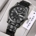 Black men quartz watch with roman numerals calendar display and metal steel strap. - Gunmetal Dial