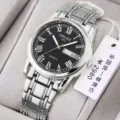 ORUSS men's quartz watch with silver metal strap, round black dial, and date display. - Silver Black Dial