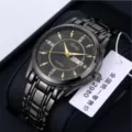 Men's quartz watch with black metal strap, dial, gold hands, and calendar display for daily use. - Black Band Black Dial
