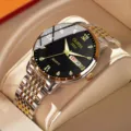 Men quartz watch with two-tone steel strap, black dial, Roman numerals and calendar display. - 9-Bead Steel Band Style / Two-Tone Gold Black Dial Men
