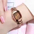 Elegant rose gold square quartz watch detail, featuring a metallic strap and sparkling dial. - Square Women's Style / Rose Gold