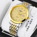 Detailed close-up of men's quartz watch with two-tone gold and silver bracelet and dial. - 9-Bead Steel Band Style / Two-Tone Strap Full Gold Face