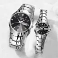 Set di orologi al quarzo di coppia con cinturino in acciaio inossidabile, quadrante nero, design elegante. - Quadrante Nero Coppie