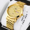 Men gold quartz watch with calendar display, elegant metallic strap and clear dial design. - 9-Bead Steel Band Style / Full Gold Band Full Gold Dial