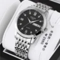 Stainless steel men's quartz watch with black dial, Roman numerals, and calendar display. - 9-Bead Steel Band Style / Silver Band Black Dial Men