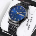Detailed view of the stylish men's watch with blue dial, roman numerals, and metal strap. - 9-Bead Steel Band Style / Black Strap Blue Dial Men's