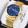 Detailed view of the gold quartz watch with a blue dial, Roman numerals, and calendar display. - 9-Bead Steel Band Style / Full Gold Men Blue Dial