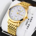 Luxurious gold men quartz watch featuring white dial and durable metal bracelet details. - 9-Bead Steel Band Style / Full Gold Men White Dial
