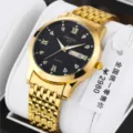 Gold quartz watch for men with black dial, Roman numerals, stainless steel strap, calendar. - 9-Bead Steel Band Style / Full Gold Men Black Dial
