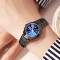 Black steel quartz watch with blue dial, elegant women's wristwatch for daily wear style. - Blue Ray Women - Day Date