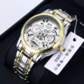 Men's fashion skeleton mechanical watch business casual waterproof stainless steel wristwatch - Gold Silver Link White Dial