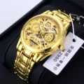 Men's gold mechanical wristwatch with skeleton dial, stainless steel strap and luxury business design. - All Gold Gold Dial