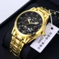 Gold stainless steel men watch with black skeleton dial fashion business luxury wristwatch - All Gold Black Dial