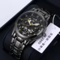 Men's business casual quartz watch with black hollow dial and metal strap for daily wear. - Black Link Black Dial
