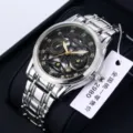 Men's business casual quartz watch with steel strap, waterproof skeleton dial and fashion style. - Silver Link Black Dial