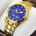 Montre quartz homme or de luxe avec cadran squelette bleu acier inoxydable etanche bracelet - Style Bracelet Or Cadran Bleu
