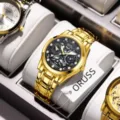 Orologio scheletrato da uomo in acciaio inossidabile dorato con quadrante nero e cinturino. - Stile Vuoto / Tutto Oro con Quadrante Nero