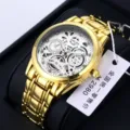 Gold tone men's fashion wrist watch with skeleton dial stainless steel strap luxury gift box. - All Gold White Dial