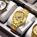 Orologio meccanico dorato di lusso da uomo con quadrante scheletrato e bracciale in acciaio. - Stile Vuoto / Cinturino in Acciaio Oro Quadrante Oro