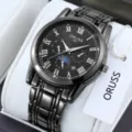 Men's dark metal quartz watch with Roman numerals and multi-function dial for daily wear. - All Black