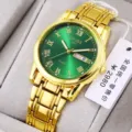 ORUSS luxury gold quartz wristwatch featuring a green dial, Roman numerals, and metal strap. - All Gold Green Dial