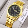 Gold quartz wristwatch with black dial, Roman numerals, and metal band for fashion daily wear. - All Gold Black Dial