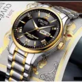 Reloj mecánico automático para hombre con brazalete de acero bicolor y calendario. - Banda Dorada Esfera Negra Hombre