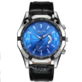 Men's automatic mechanical watch with blue dial, silver bezel and black leather strap. - Leather Strap Blue Dial