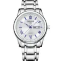 Reloj de cuarzo para hombre de acero inoxidable plateado con números romanos y calendario. - Banda Plateada Puntero Azul Esfera Blanca Hombre