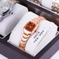 Elegant women's rose gold square quartz watch with brown dial and stainless steel strap - Square Coffee Gold