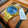 Men gold quartz watch with blue dial roman numerals luxury wristwatch for business casual wear - All Gold Blue Dial