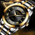 Luxus Herren Quarzuhr mit schwarzem Zifferblatt, goldenen Ziffern und Edelstahlarmband - Schwarzes Zifferblatt Zweifarbiges Stahlband
