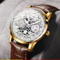 Men's luxury skeleton automatic mechanical watch with gold case and brown leather strap detail - Brown Leather Strap Skeleton Gold Case White Dial