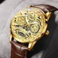 Luxury gold skeleton mechanical watch for men featuring a brown leather strap and detailed dial. - Brown Leather Strap Skeleton Gold Case Gold Dial