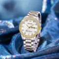 Detailed close-up of a women two-tone steel rhinestone dial watch with day date function. - Full Drill Dial - Two-Tone White Women