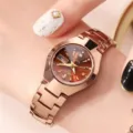 Rose gold quartz women watch with metal strap and brown dial, elegant wrist wear. - Rose Gold Women's Style