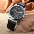 Men quartz watch black leather strap steel case chronograph tachymeter waterproof - Leather Strap Chronograph Style