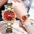 Vrouwen horloge kwarts stalen band dubbele kalender rode wijzerplaat mode elegante hor - Goud Zilver Rode Wijzerplaat