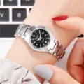 Elegant women quartz watch featuring silver stainless steel strap, black dial and rhinestone markers. - No Calendar Silver Steel Band Black Dial
