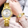 Élégante montre à quartz dorée pour femme avec affichage double calendrier et cadran romain. - Cadran Blanc Or